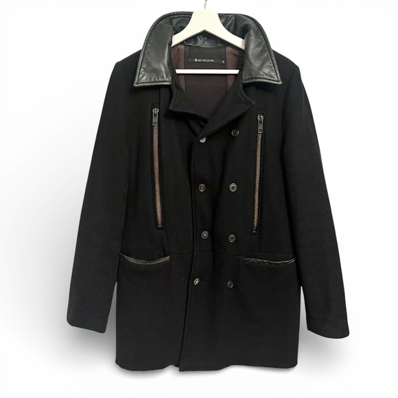 NICE Collective Black Wool Double Breasted Military Peacoat Leather medium - Picture 1 of 12